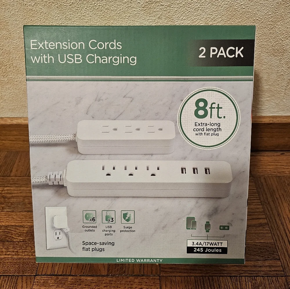 Jasco 2 Pack Extension Cords with USB Charging 8 Ft Extra Long 6 Outlets 3 USB